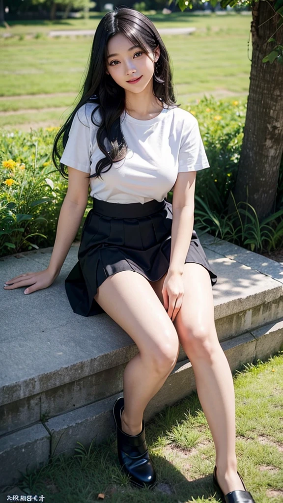 (8k, RAW photo, photorealism: 1.25), 18-year-old girl, in casual clothes, ((big breasts)), wet skin and clothes, (against the background of the park), pleated miniskirt going up the legs, ((spreads legs)), ((visible under the skirt)), ((visible white panties under the skirt))