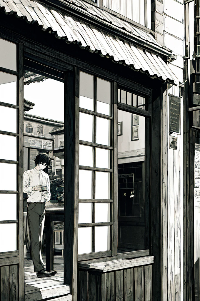 masterpiece,One boy,,(Character Focus),Black and white image quality,old photograph,In town,Behind the characters is a peaceful town and a coffee shop,A passerby with a blurred face is looking at the character,Character has arms crossed in dissatisfaction