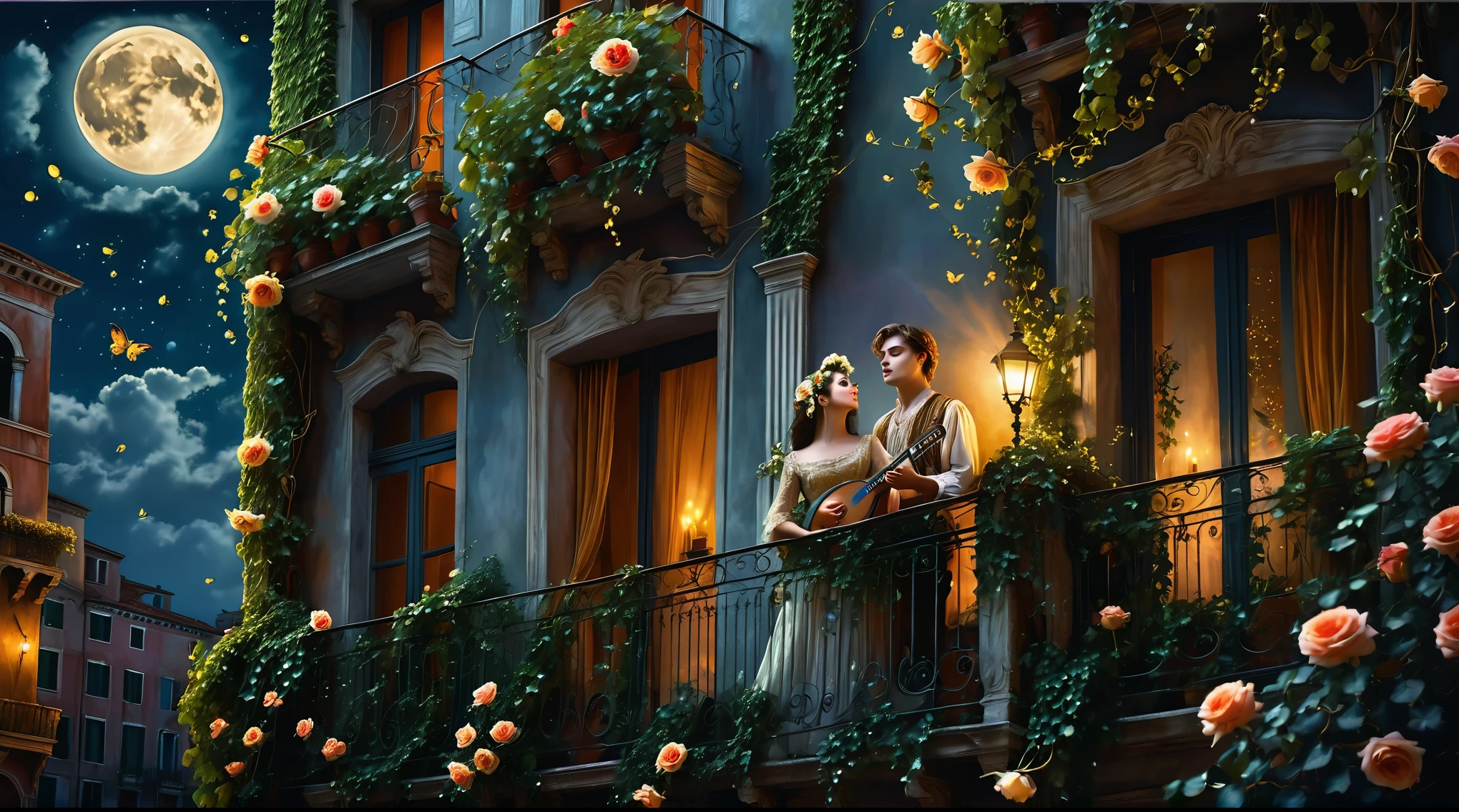 Moonlit night. A street. A young man stands playing a lute. He looks up at the balcony in front of him, covered in ivy and vines. On the balcony stands a beautiful girl in a Venetian mask. She inhales the fragrance of a rose in her hand and admires the full moon in the night sky. Fireflies flutter in the air and fragrant flowers bloom. Renaissance, Romanticism, Neoclassical. Strictly follow the scene description. cinematic, dramatic lighting, historical painting, masterful, moody, mythical, painterly, Venetian style, gloss, intricate details, rich color palette, atmospheric, evocative, seamless, photorealistic