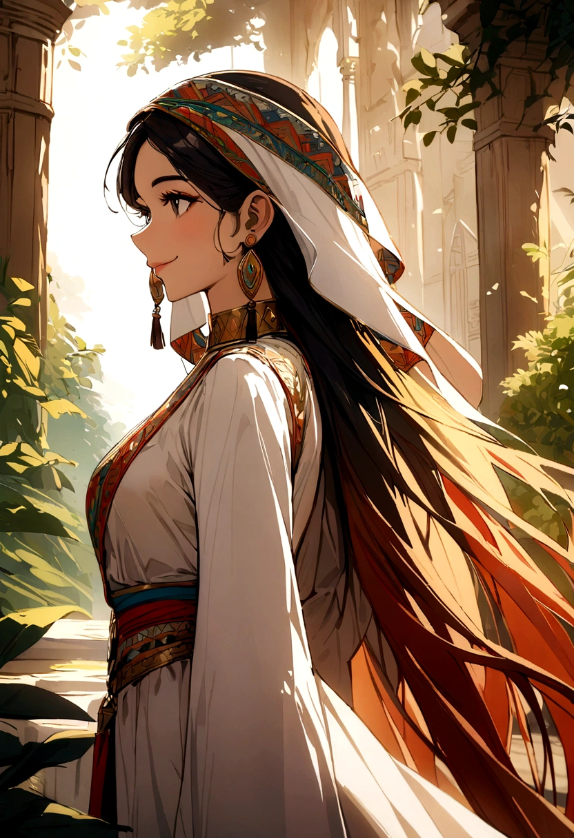 Portrait of middle eastern woman, Be proud and empowered of your cultural identity, very long skirt, outdoor, from the side, look to the side, Smile, Dappled sunlight, 
best quality, masterpiece, intricate details, High environmental detail,  Tone \(style\),