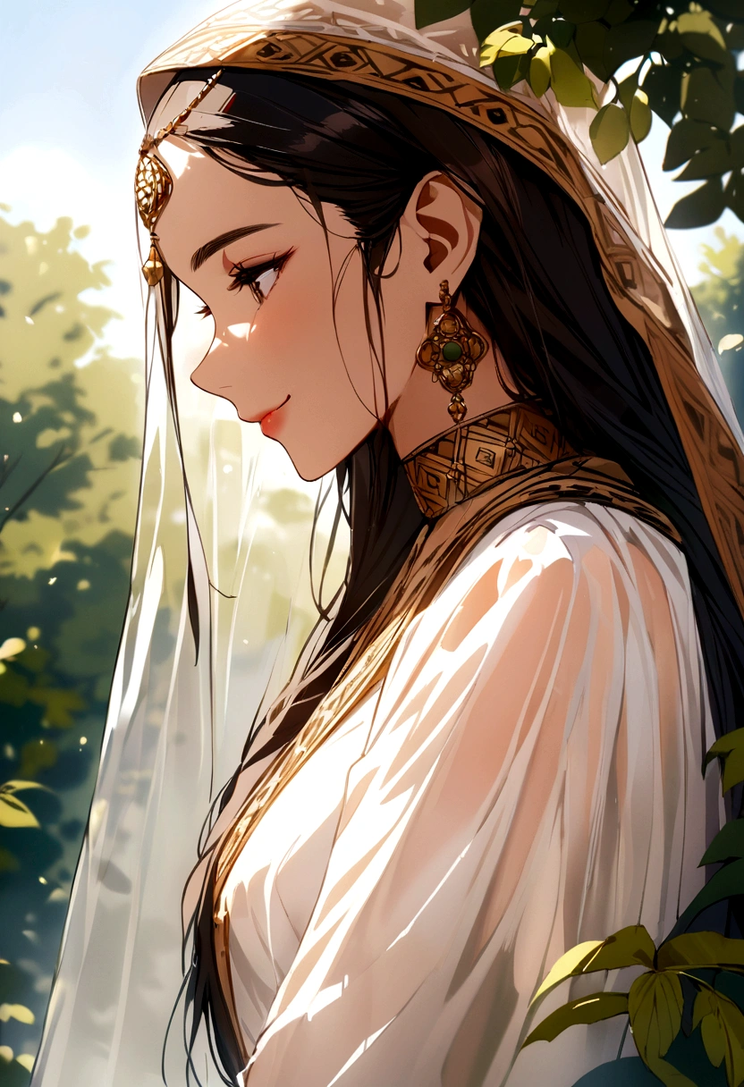 Portrait of middle eastern woman, Be proud and empowered of your cultural identity, very long skirt, outdoor, from the side, look to the side, Smile, Dappled sunlight,
best quality, masterpiece, intricate details, High environmental detail, Tone \(style\),