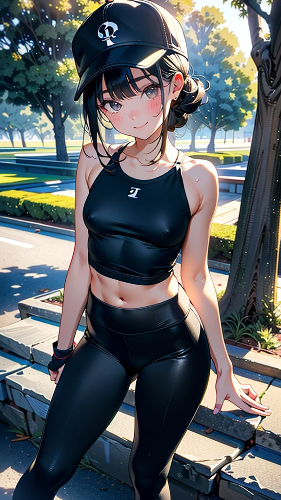 (8K, RAW Photos, 最high quality, masterpiece:1.2), high qualityのRAWカラー写真, Professional photo shoot, Cinematic Light, alone, (((young woman, Gal))), (Sharp features), (Small face), (Skin with attention to detail:1.2), clavicle, Cute face, beautiful appearance, Long eyelashes,Girl Turning Around, smile, (Black Hair, Long straight line), Tank top, Tight leggings, Birds chirping, Confident attitude, Capture the happy moment, Artistic painting,Attractive thighs, sneakers:1.2, (Very nice touch:1.2),はにかんだsmile), Peaceful atmosphere, Oil painting style, Bright colors, (Are standing:1.5, lean on a tree, Full body portrait), Smooth texture, Gazing Eyes, beautiful Skin, Shiny skin, ((Perfect Fingers, Five Fingers, Anatomically correct)), Background Blur, high quality, Surreal, ((Very detailed, photo shoot)),thin、showing her 、beautiful Abs、Baseball cap、Sweaty、beautiful 、Take off your pants