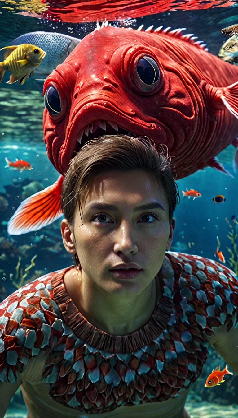 Panorama,Red human face and fish body creature under the water(best quality,4K,8K,High level,masterpiece:1.2),Ultra Detailed,(lifelike,Photo real,Photo real:1.37),Highly detailed animals,Complex patterns,Realistic lighting,Fantasy Creatures