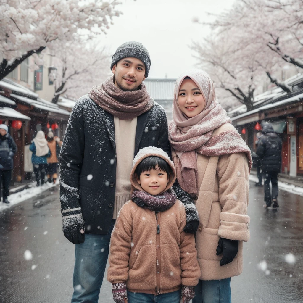 Outdoor family photo in Indonesia, three members, father aged 34 , mother aged 35 wearing hijabs, and a chubby -yeld bowearing warm clothes, lots of snow around and falling on the fabric, standing on Asakusa street, lots of snow falling on the fabric. The background is a street with cherry blossom trees, 8k. photography 