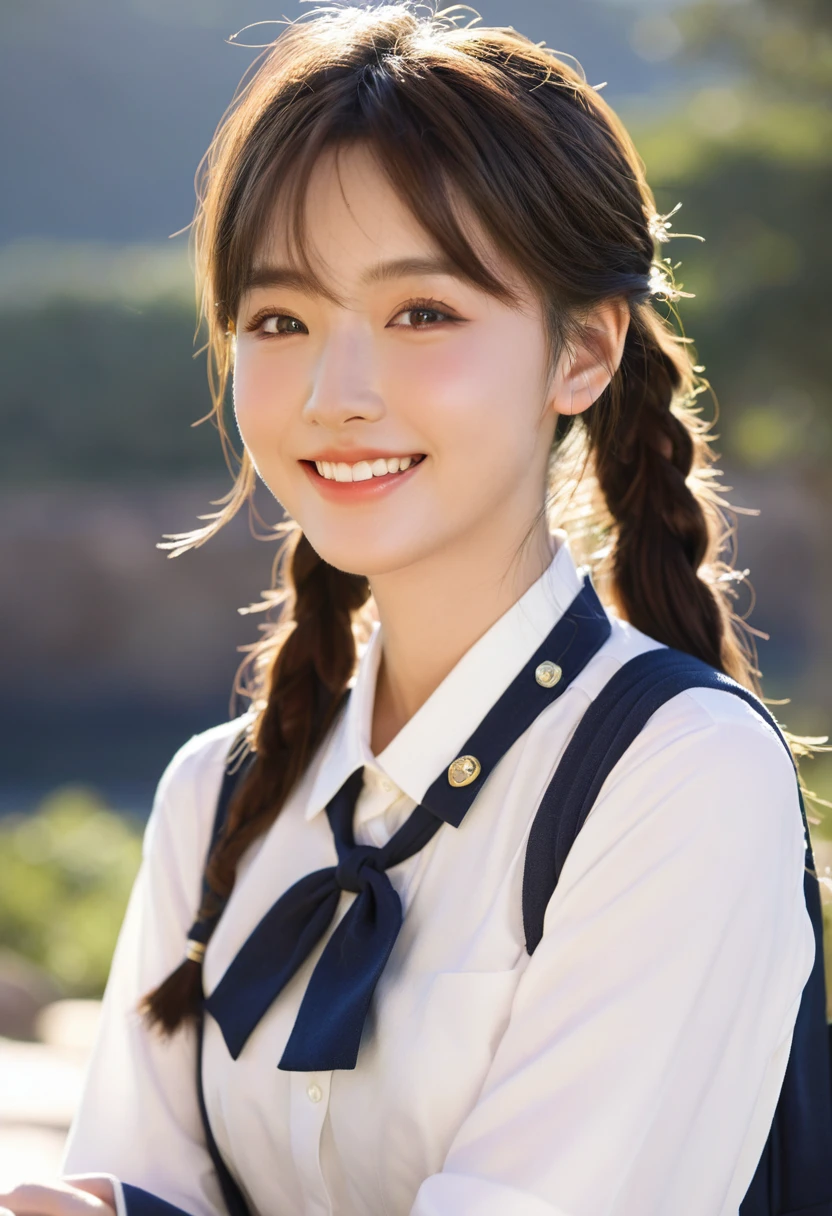 ((masterpiece)), (8k, high_resolution), (distinct_image), (best quality), (sunshine, face on light), (face on light:1.1), (meitantei conan (style), detecive conan (style), meitantei conan), solo, beautiful eyes and detailed face, ((1girl, solo)), medium breasts, wide hip, (abs:0.8), ((school uniform)), (ponytail), (blush, happy, happy smile, laughing), 