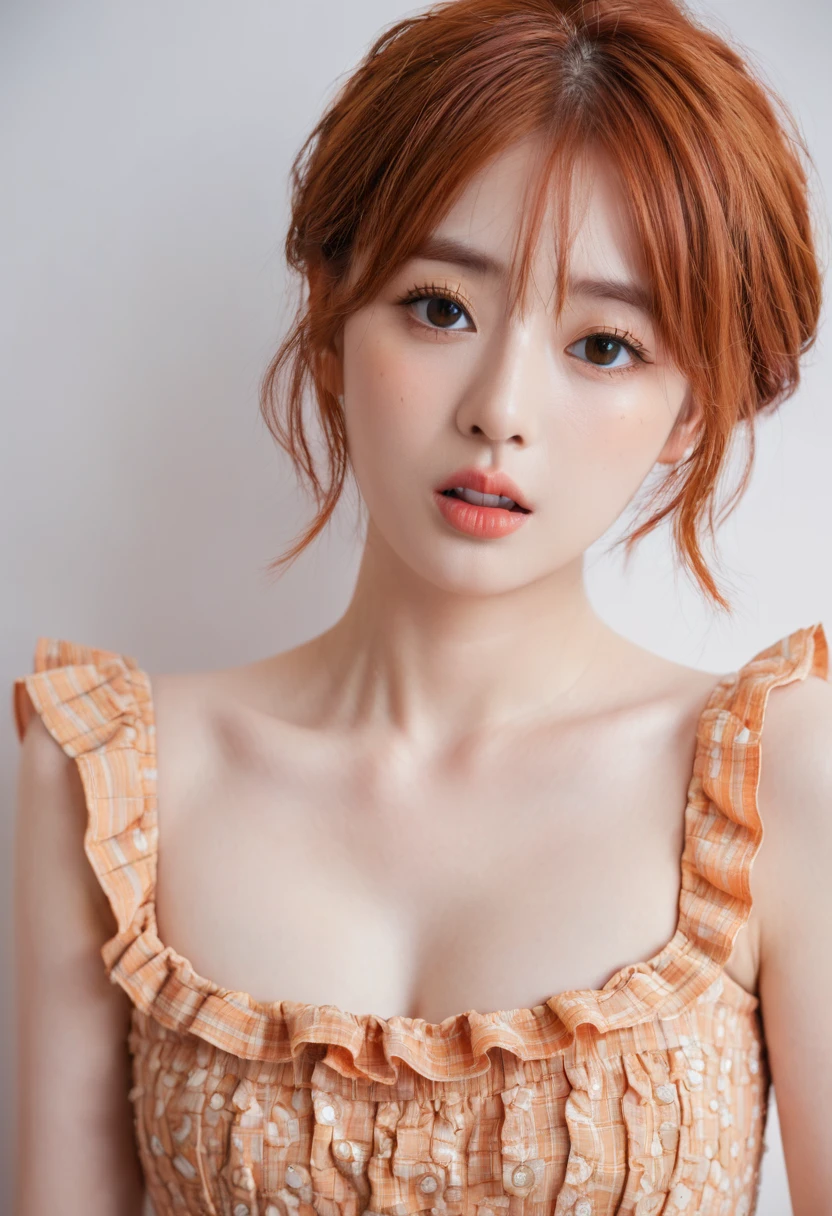 ((Best quality, 8k, Masterpiece :1.3)), Sharp focus :1.2, Perfect body beauty: 1.4, Slim abs: 1.2, ((chignon ginger hair, small breasts: 1.2)), (Natural light), see-through brassiere, highly detailed facial and skin textures, detailed eyes, double eyelids, (((Dynamic Angle)))
