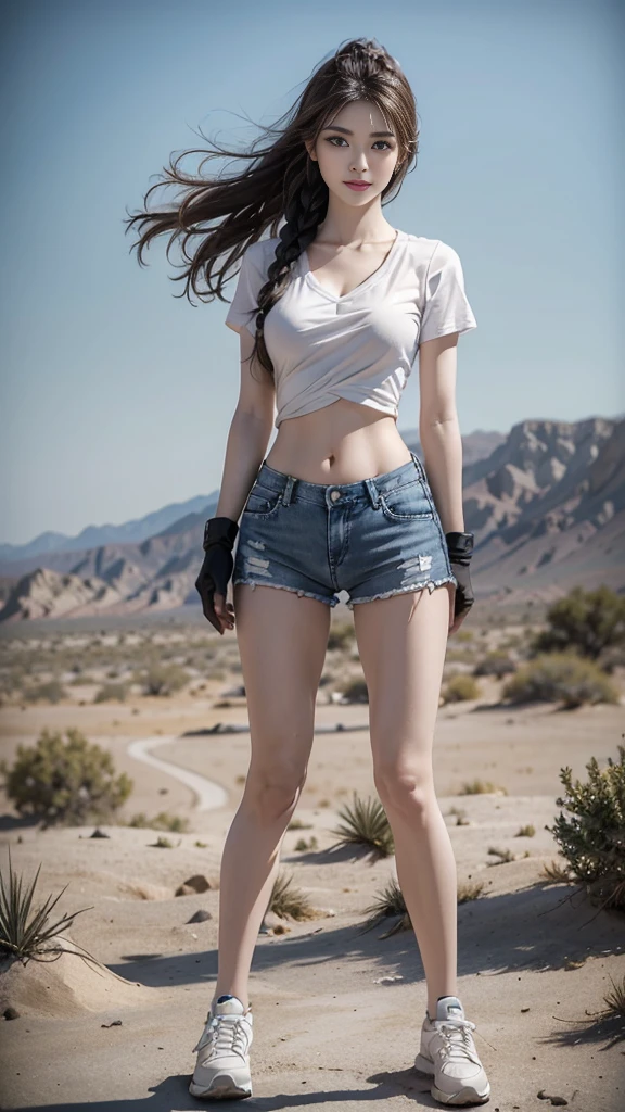 (8K、original photo、Top quality、masterpiece:1.2)、(Realist、Photorealistic:1.37)、Ultra Detailed、Ultra-high resolution、Wearing white navel-baring short-sleeved，Blue denim super shorts，Hourglass figure，Wearing black tactical gloves，sports shoes，blond，Girl with two braids，Close-up shot of a man holding a gun in the desert、Full body close-up，Fighting Stance，Shooting Stance，(((Target your audience, 持pistol, pistol，Fire))Full body close-up，Desert Background，cactus，desolate，Very windy and sandy，Crowds in the distance，Facing the audience，Smile，White skin、Smooth skin、Extremely beautiful face，Dynamic Angle、Dynamic Lighting
