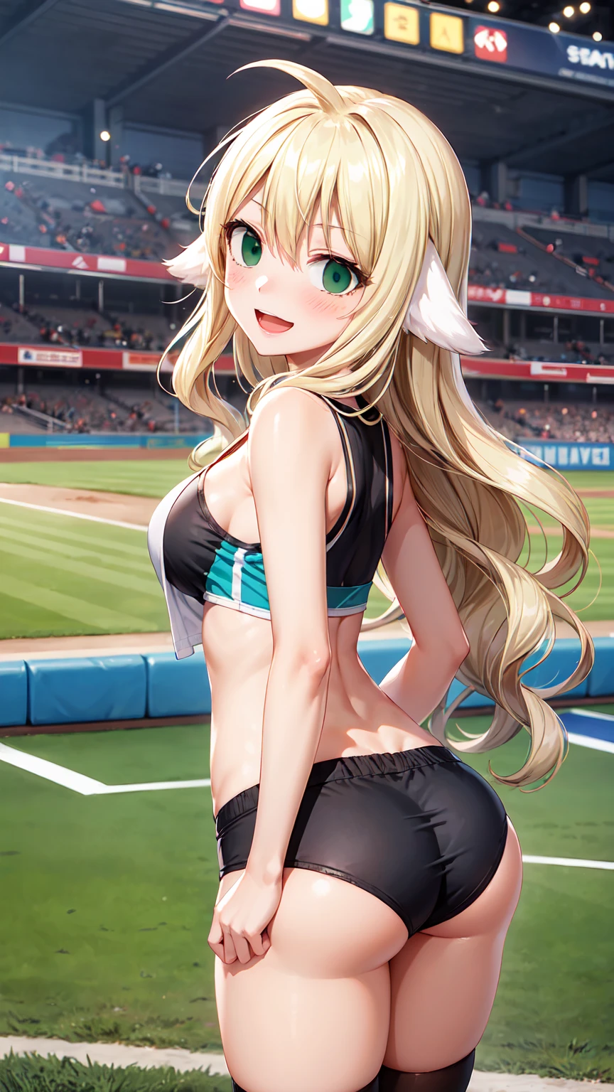 Masterpiece ,best quality , high resolution , (1 girl solo:1.38) , (mavis, long hair, blonde hair, (green eyes:1.5), ahoge, wavy hair, animal ears,) , (:1.2) , (medium breast:1 (wear baseball hat , belly , navel , sport top , sport short , stockings ) , (arms behind back . hands behind back) , (cleavage:1.15)breast:1.1) , (back virom behind , looking back , head back , face view , look at view ) , (outdoor , Baseball field，race，streamers，victory，celebrate) , (standing , Legs , thighs , cowboy shot) , ( full face blush , shy , smile , open mouth)