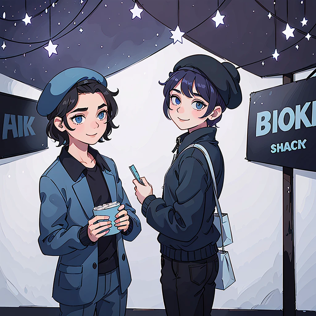 charming man, short black hair, blue eyes, smiling, wearing a dark blue beret with a star on it, dark blue shirt with stars on it, black pants, holding purple shopping bags, mall and clothes in the backround, ultrasharp, 8k, masterpiece, looking at viewer
