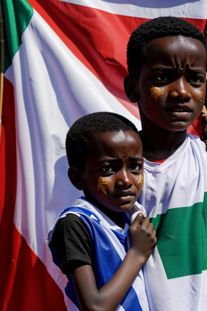 A Sudanese boy holding the Sudanese flag and crying