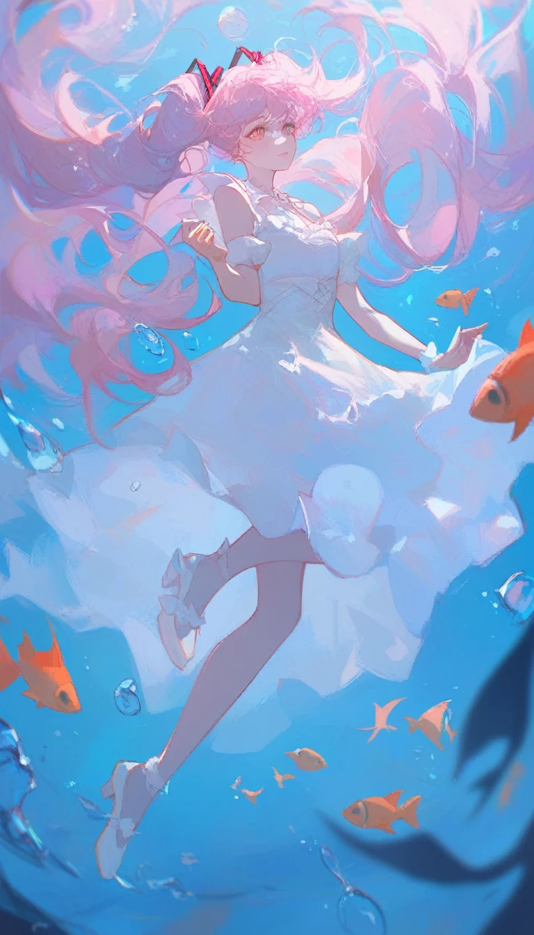 under water, 1 girl, floating, long hair, light pink hair, white dress, legs, bubble, fish, sexy, miku , close up