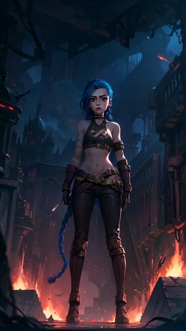 (masterpiece, Best quality), 1 girl, portrait, very sexy, crazy look, smile, crying, pink tears, tears on the cheeks, tears from eyes, full length (full body 1.1.), очень feminine, fighting stance, battle, fire, explosions, burning city, Beautiful waist, gloomy composition, flame, fire, Flash, very beautiful, feminine, long hair, hair braided in long braids, very sexy, tight leather pants, emphasis on the eyes, face accent, Beautiful face, Hands, Hair, Haired ponytail, red purple eyes, Джинкс crying, Blue cloud tattoo, (masterpiece, Best quality), Side lighting, beautiful detailed eyes, crazy face), (Best quality), (masterpiece), magic photography, Spectacular lighting, Photorealism, ultra detailed, интимная portraitная композиция, 1. 4,8 k UHD, aesthetic, Cd., A high resolution, 8 k, better lighting, Best shade, Ultra-HD, A high resolution, sharp focus, Complex background, Cinematic lighting, ((Landscape view)), 4K block, (better lighting), ((Cinematic lighting)),