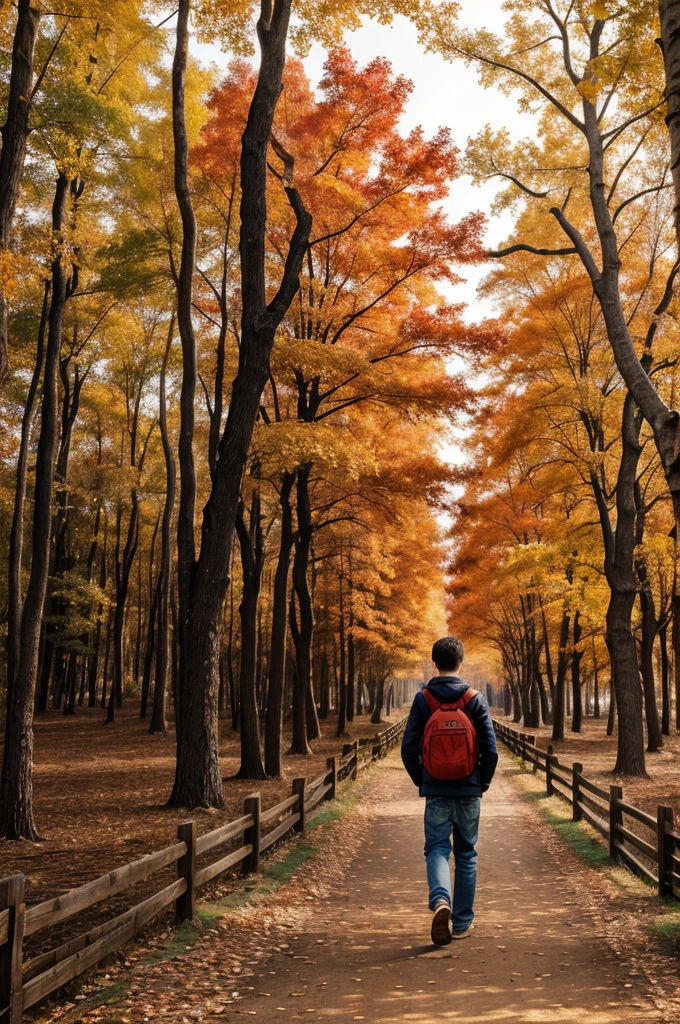 ((best quality)), ((masterpiece)), (detailed), a boy walking through a village, red forest