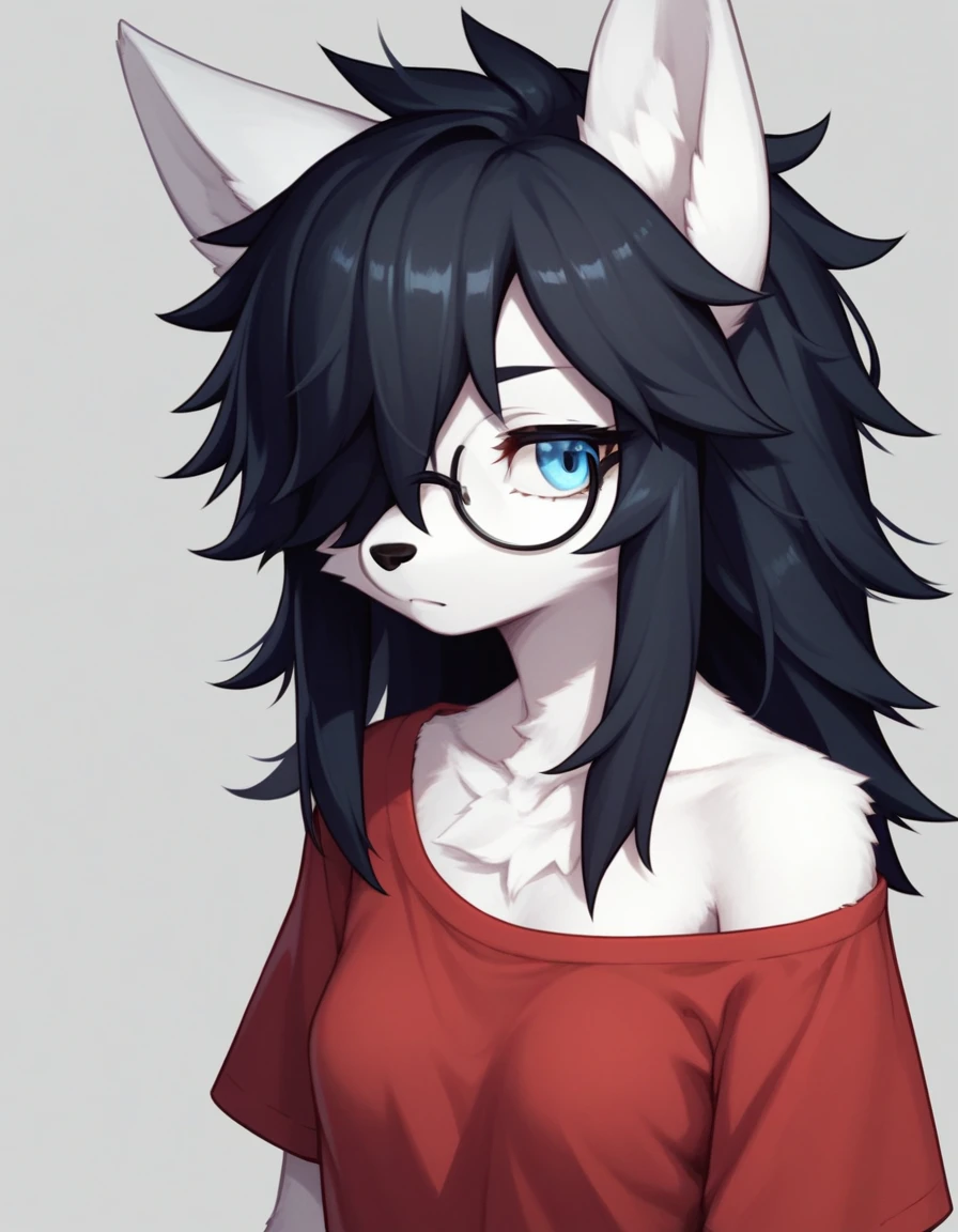 Solo, score_9,score_8_up,score_7_up, kemono style, a young nerdy Anthro furry wolf woman, wolf snout, white furry body, tall, long black messy hair, black hair, hair in a pony tail, hair covering one eye, white wolf tail, blue eyes, white wolf ears, white wolf tail, small breasts, wearing oversized red shirt, exposed shoulder, black square thick rimmed glasses, portrait, close up, expressionless