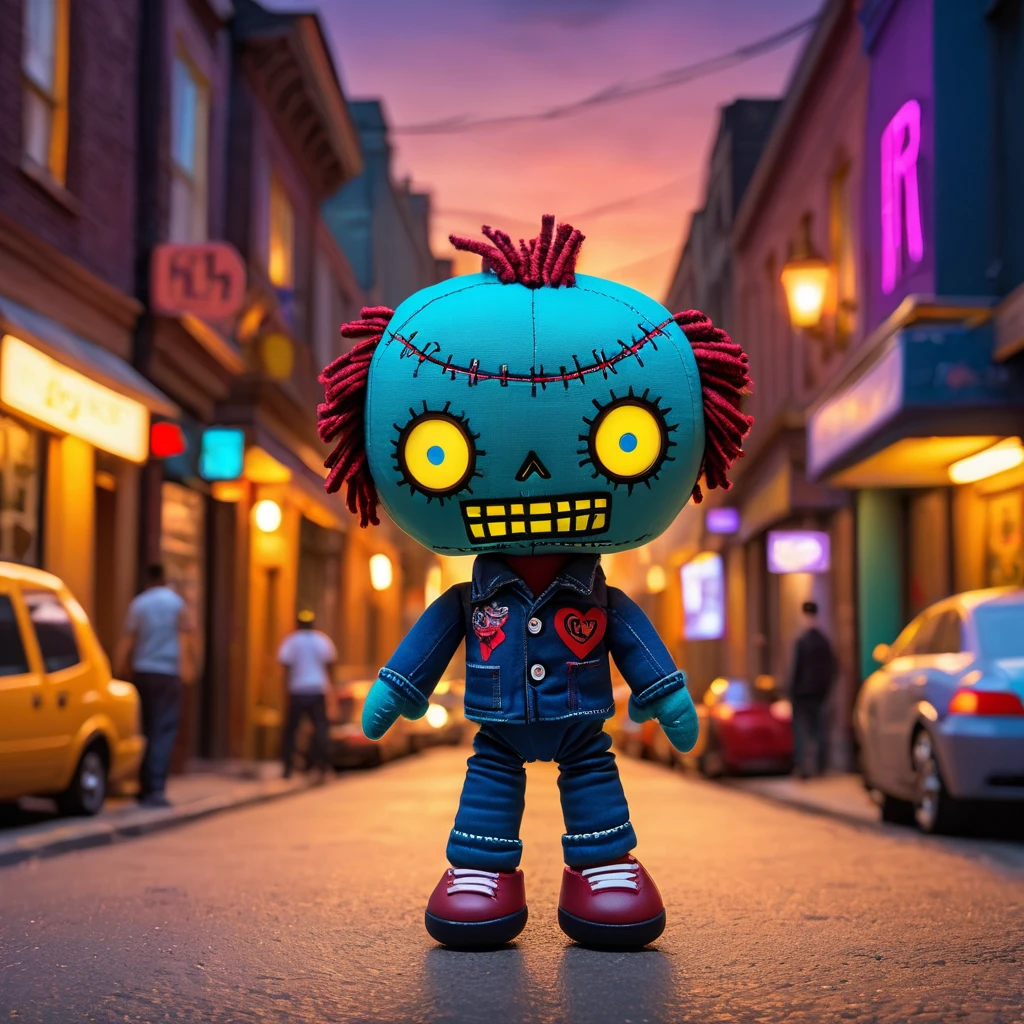 (knitted toy voodoo doll:1.5), (Voodoo Doll on a Normal Street:1.3), (Clothing: casual attire with streetwear patterns:1.0), (Accessories: enchanted smartphone emitting a soft glow, floating street signs:1.1), (background: typical urban street with parked cars, streetlights, and a bustling everyday life vibe:1.2), best quality, masterpiece, detailed soft oil painting, detailed background, dramatic cinematic lighting, soft edge lighting, professional, dramatic lighting, hard edge lighting, ultra quality, 4k,masterpiece, best quality, 8k, ultra highres, highres, extremely detailed