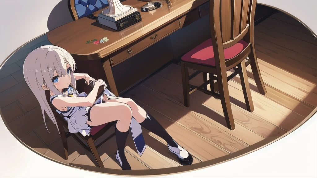 Anime character lying on a desk with a bookshelf in the background, Una colegiala hiperrealista, Colegiala hiperrealista, Novela visual CG, Anime CG arte suave, Colegiala realista, pixiv 3dcg, small curvy loli, The anime girl is lying down, Render de una linda chica de anime 3D, Nahida, sin emociones, Panties session