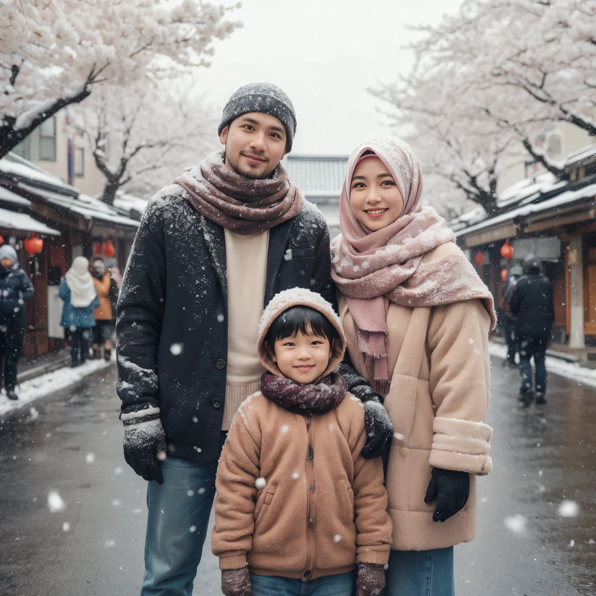 Family photo in Indonesia, outdoors, father and mother aged 40 years old, slightly chubby 13-year-old son wearing warm clothes and a headscarf, surrounded by lots of snow and snow on their clothes, standing on Asakusa street. The background is a street with cherry blossom trees. 8k photography.