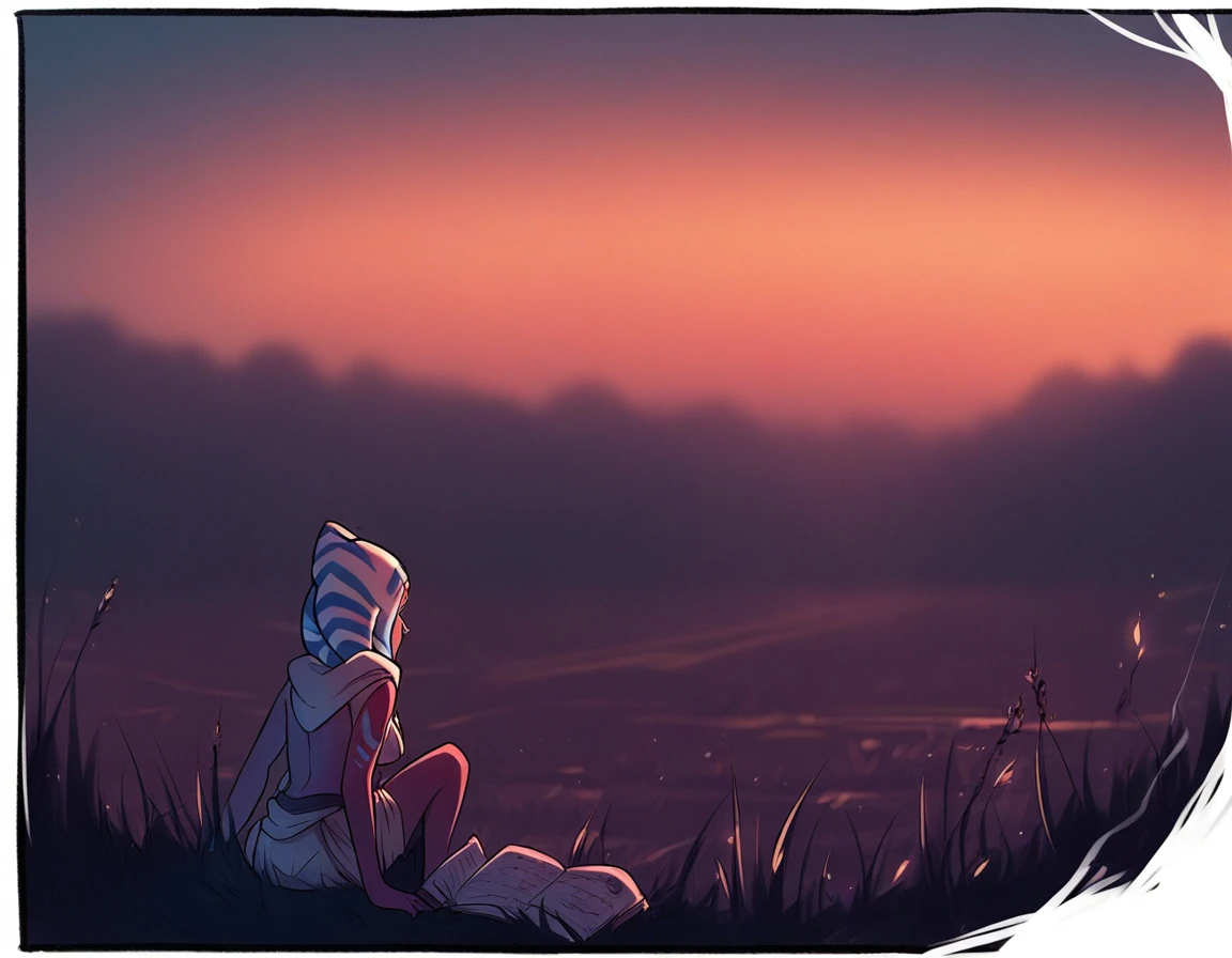 score_9, score_8_up, score_7_up, a picturesque long shot of a grassy plain during sunset, alien planet, blurry background, neon colors, vintage artstyle, hard lighting, dark composition, contrasting color pallette, comic book artstyle