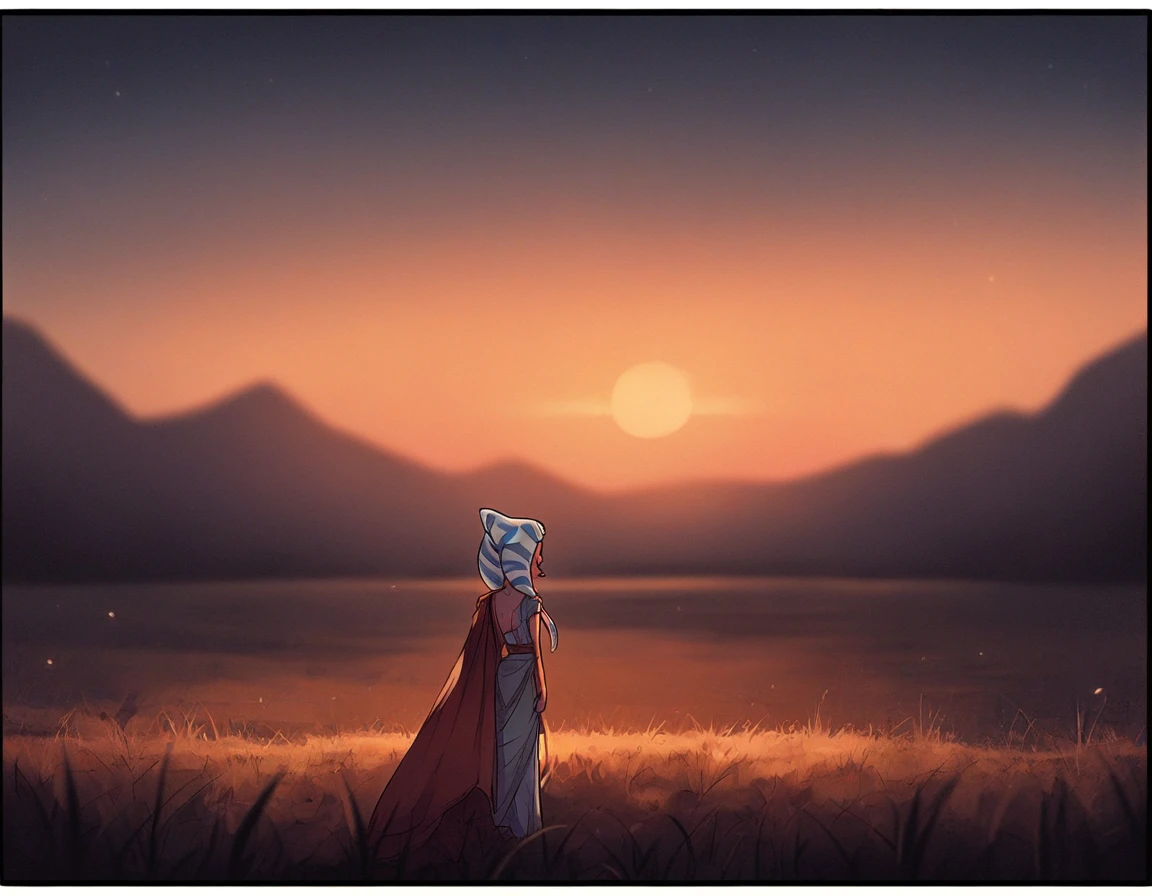 score_9, score_8_up, score_7_up, a picturesque long shot of a grassy plain during sunset, alien planet, blurry background, neon colors, vintage artstyle, hard lighting, dark composition, contrasting color pallette, comic book artstyle