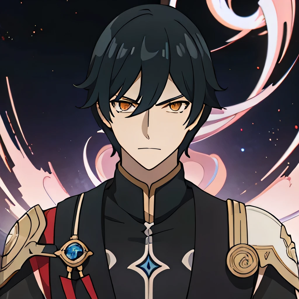 a male anime,single character, style Hyacinthe Rigaud, black suite, short black hair with white highlights, barba, visual novel sprite, detailed black armor, high qualiy, cinematic, dramatic pose, details Intricate, swirly vibrant colors, work of art, impacto genshin. 