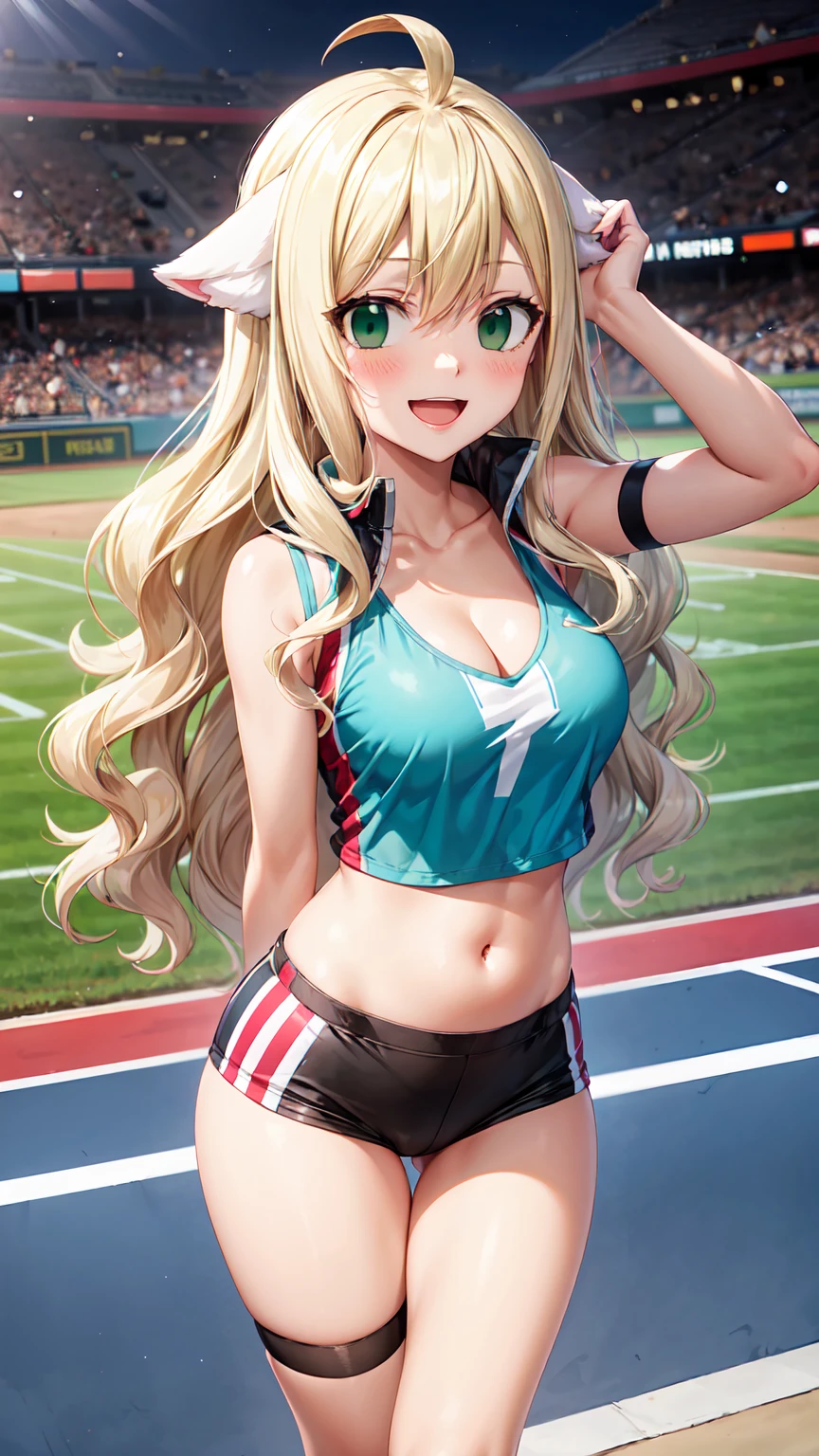 Masterpiece ,best quality , high resolution , (1 girl solo:1.38) , (mavis, long hair, blonde hair, (green eyes:1.5), ahoge, wavy hair, animal ears,) , (cleavage:1.2) , (medium breast:1.28) , (wear baseball hat , belly , navel , sport top , sport short , stockings ) , (arms behind back . hands behind back) , (cleavage:1.15) , (big breast:1.1) , (face view , look at view ) , (outdoor , Baseball field，race，streamers，victory，celebrate) , (standing , Legs , thighs , cowboy shot) , ( full face blush , shy , smile , open mouth)