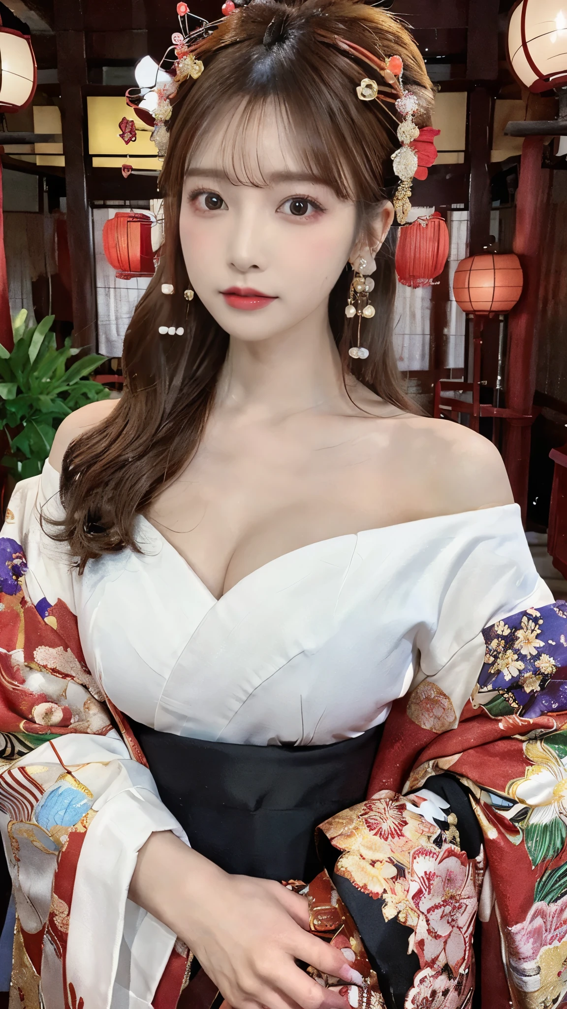 (Detailed skin:1.2),(Shiny skin:1.1),8K,Highest quality, masterpiece, Ultra-high resolution,(Realistic:1.4), RAW Photos,(Soft saturation:1.3),(Fair skin:1.2),Half-Japanese beauty,repair,20 years, Light brown hair, （Up-Hairstyles:1.2), Asymmetrical Hair, (Pretty face:1.4), (Large Breasts, Tight waist), Beautiful lighting, (Sexy Oiran:1.2,),Highly detailed face, Highly detailed lips, fine grain, double eyelid, （Sharp focus: 1.2）, （Perfect Anatomy),(Beautiful woman with perfect figure: 1.2）、Exposing cleavage、Random sexy poses，(Accentuate your leg lines:1.２)、kimono、Sharp Eyes,Alluring expression、Open your mouth wide、Gorgeous hair ornament、Japanese style background