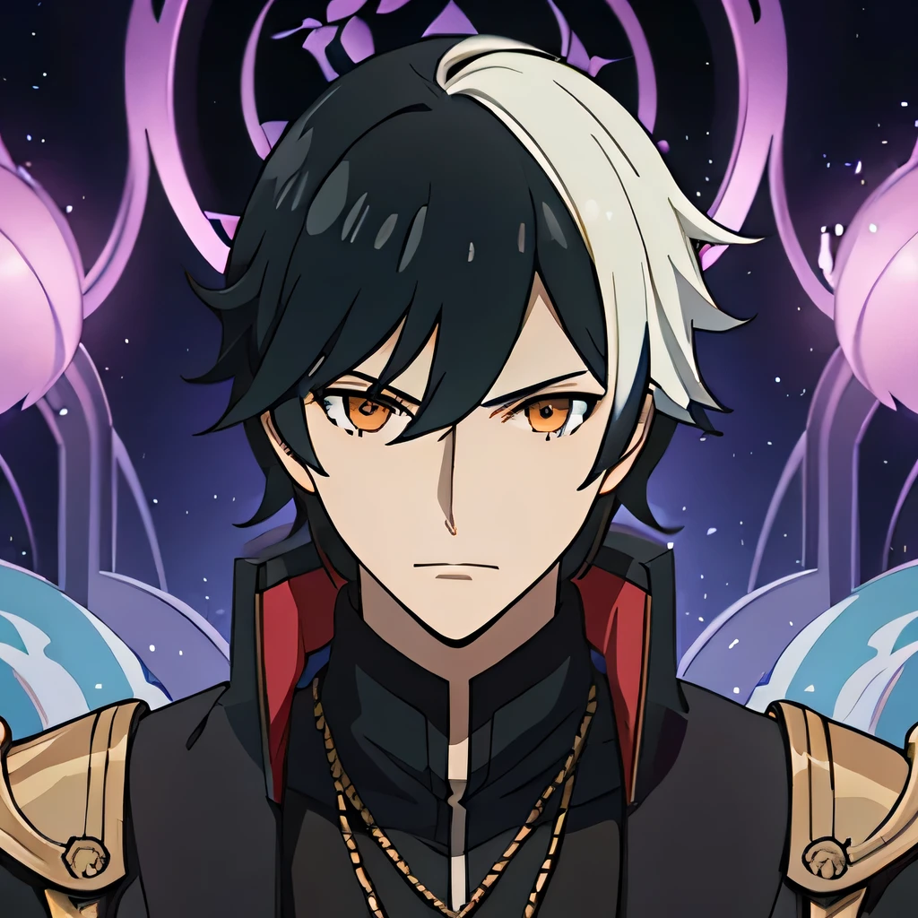 a male anime,single character, style Hyacinthe Rigaud, black suite, short black hair with white highlights, barba, visual novel sprite, detailed black armor, high qualiy, cinematic, dramatic pose, details Intricate, swirly vibrant colors, work of art, impacto genshin. 