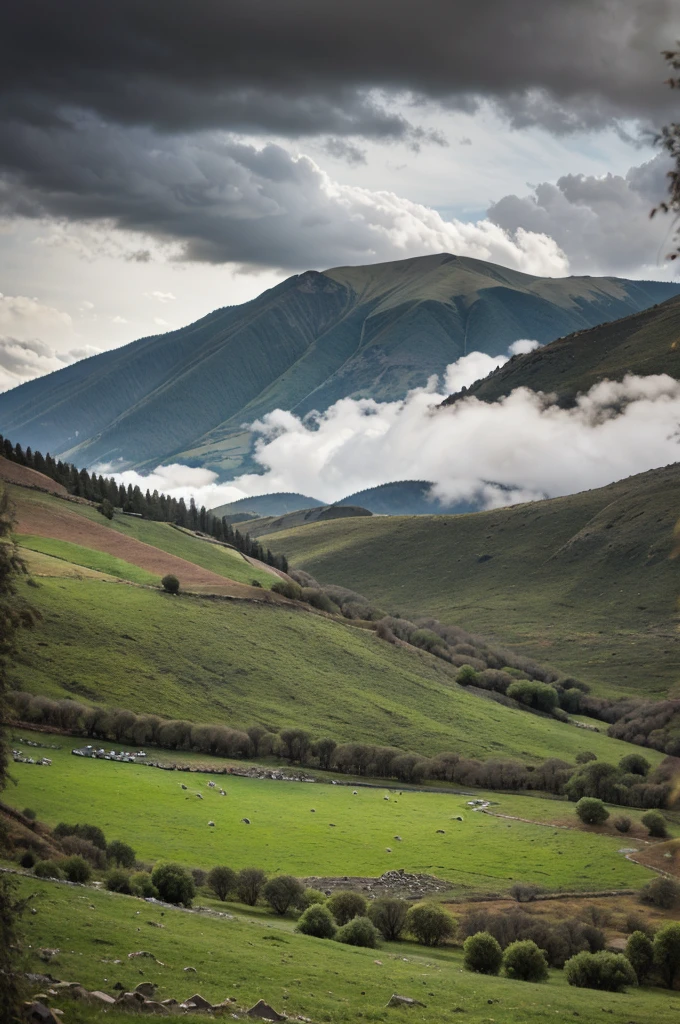 A valley of apple trees. Dark cloud of upcoming rain. Sheep's eating on other part of the mountain.