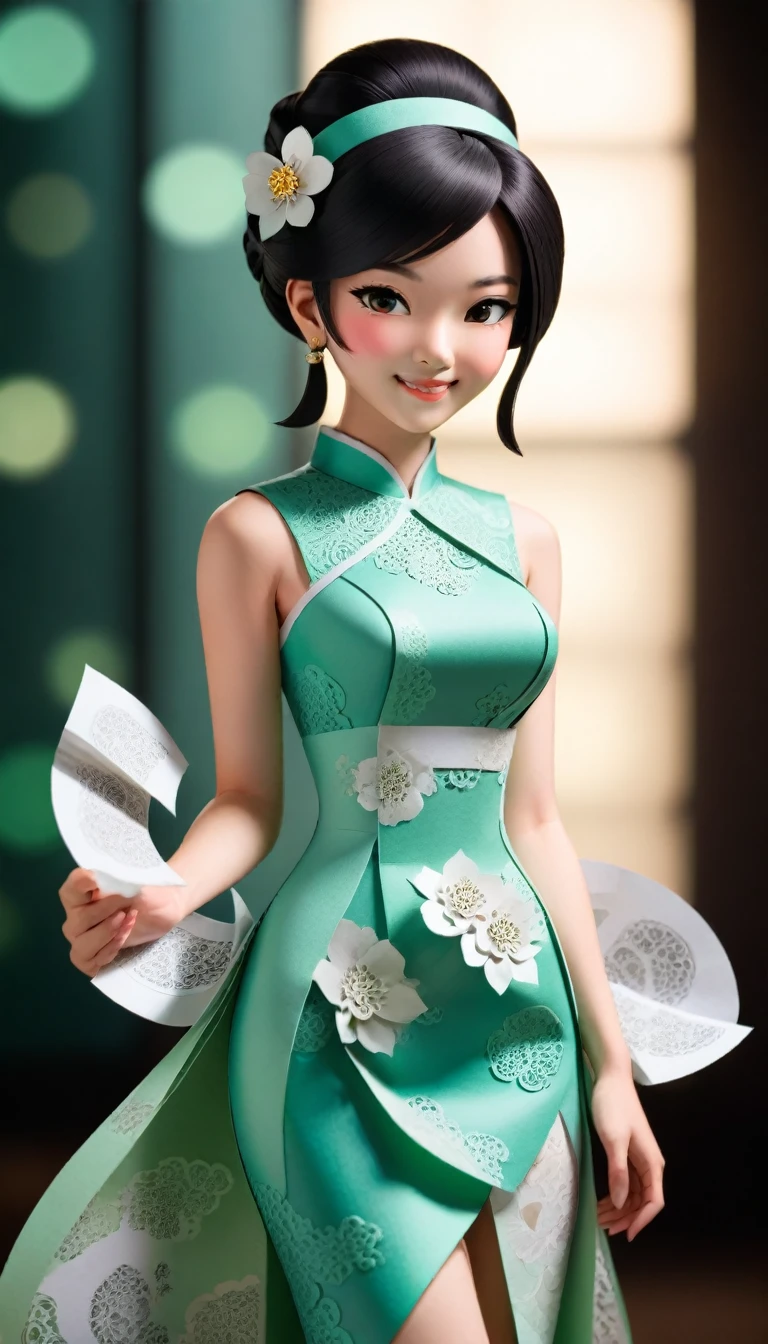 (Paper art,layered Paper art,Roll paper,Paper Cutting,Paper sculpture), 1 Cheongsam woman，fit，Perfect proportion，Exquisite hair accessories, whole body, Smile，Oriental elements，Simple background, Mint Green,  (Soft lighting, Bokeh)