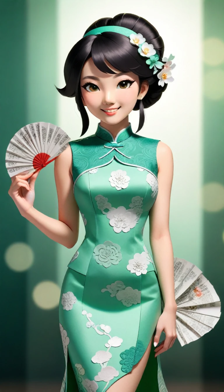 (Paper art,layered Paper art,Roll paper,Paper Cutting,Paper sculpture), 1 Cheongsam woman，fit，Perfect proportion，Exquisite hair accessories, whole body, Smile，Oriental elements，Simple background, Mint Green,  (Soft lighting, Bokeh)