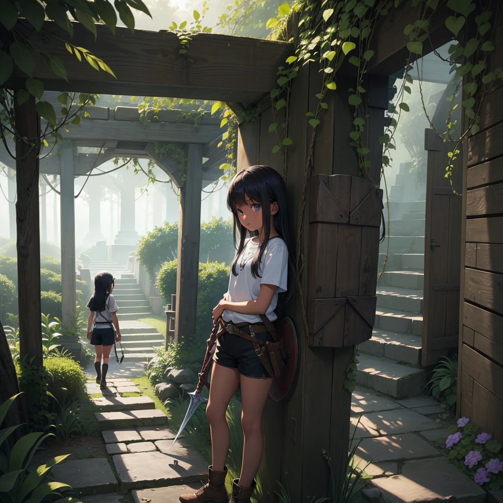 最high quality、high quality、Simple cloth clothing、10Year old girl adventurer、Climb the maze stairs、Shorts、Equipped with a dagger and a shield、In a dark maze