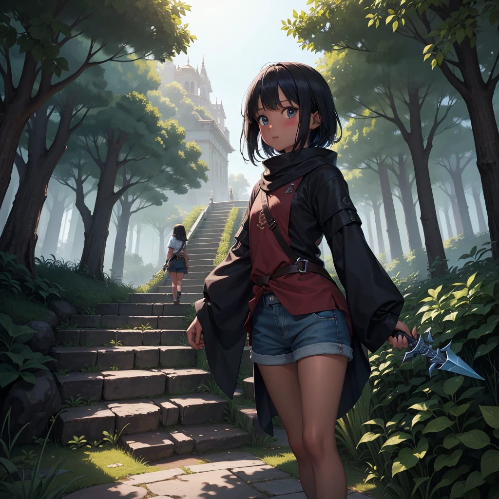 最high quality、high quality、Simple cloth clothing、10Year old girl adventurer、Climb the maze stairs、Shorts、Equipped with a dagger and a shield、In a dark maze