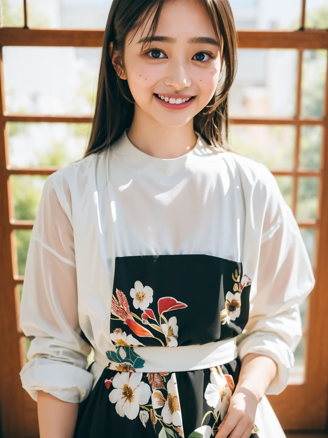 ((highest quality、8k、masterpiece:1.3)),((((upper body shot)))),Ultra-high resolution,big eyes,Japanese,forehead,bangs,(a girl),(1 girl),((16 years old)),((cute)),pretty,((facing at viewer)),(long hair),((black shirts)),grin