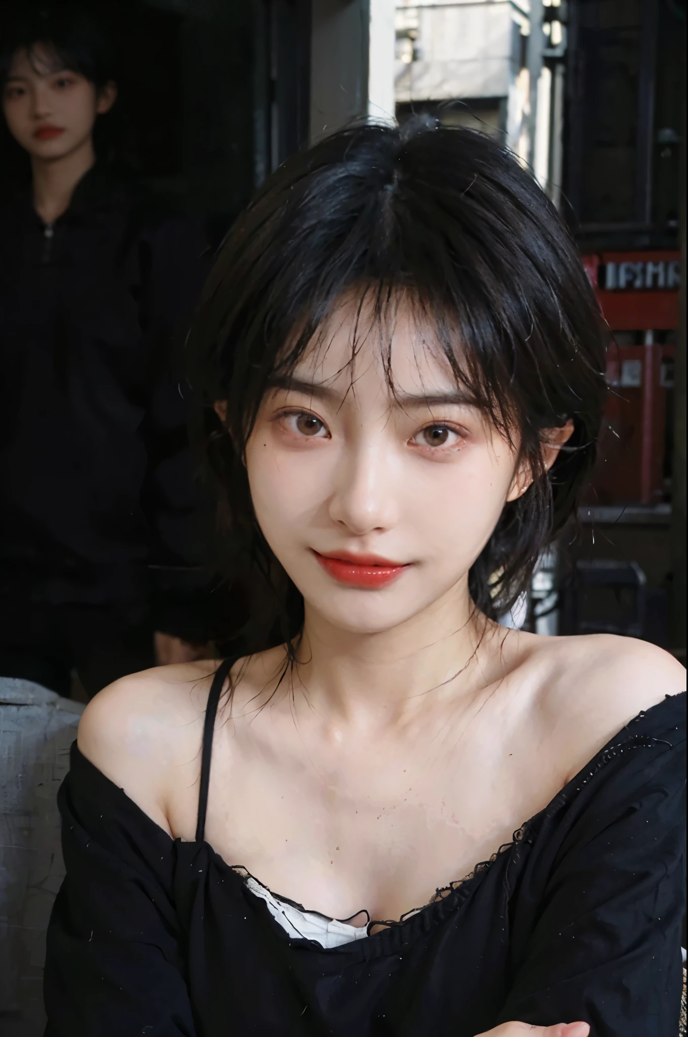 (Skin details:1.4), (smooth skin textures:1.3), （Upper body：1.4），(Black clothes:1.4)，(Off-shoulder：1.4），Lipstick, background, earrings, serene, calm, (Realistic and detailed eyes：1.2）, Natural skin texture, Realistic facial details, Soft dramatic lighting, Vivid details, 35 mm film, outdoor, (Photo Practical:1.4), (hyper Practical:1.4), (Practical:1.3), (Smoother lighting:1.05), (Improve lighting quality:0.9), (Highest quality real skin textures:1.4), Exquisite eyes, Delicate face, Close-up of face, (Enhance the beauty of skin texture:1.1),0Normal body proportions, short hair, Moles under the eyes, A faint smile,Portrait Photography, Depth of Field, Bokeh, Surrealism, Ray Tracing, (Portrait Photography:1.1), Surrealism, High Detail, Chiaroscuro, Ray Tracing, reflected light, Ultra HD, Ultra HD, masterpiece, Textured Skin, Super Detail, High Detail, high quality, best quality