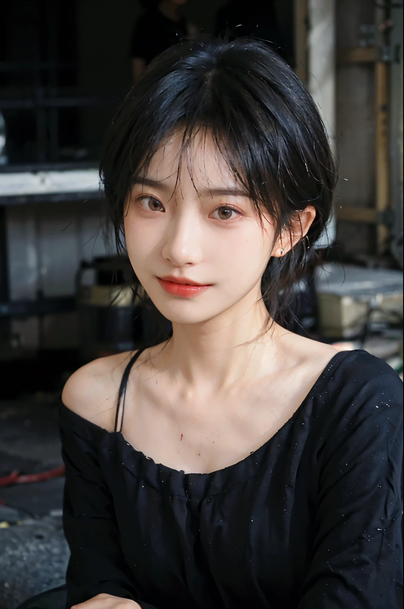 (Skin details:1.4), (smooth skin textures:1.3), (Upper body:1.4),(Black clothes:1.4),(Off-shoulder:1.4),Lipstick, background, earrings, serene, calm, (Realistic and detailed eyes:1.2), Natural skin texture, Realistic facial details, Soft dramatic lighting, Vivid details, 35 mm film, outdoor, (Photo Practical:1.4), (hyper Practical:1.4), (Practical:1.3), (Smoother lighting:1.05), (Improve lighting quality:0.9), (Highest quality real skin textures:1.4), Exquisite eyes, Delicate face, Close-up of face, (Enhance the beauty of skin texture:1.1),0Normal body proportions, short hair, Moles under the eyes, A faint smile,Portrait Photography, Depth of Field, Bokeh, Surrealism, Ray Tracing, (Portrait Photography:1.1), Surrealism, High Detail, Chiaroscuro, Ray Tracing, reflected light, Ultra HD, Ultra HD, masterpiece, Textured Skin, Super Detail, High Detail, high quality, best quality