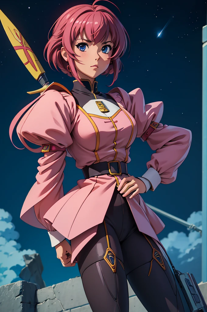 Highest quality, masterpiece, High resolution, alone, （Haman Khan），（機動戦士ZGundam），（Zeon_uniform），（Black‗Mantle），（pink_Hair Color），Gundam，Cybele，（Funnel）、Bob haircut，Bangs‗Hairstyle，Young Girl，Starry Sky_background，Anime Style, Highest quality, 4K, masterpiece,， alone, 1,whole body，looking at the camera, Shinkai Makoto style, Sharp Eyes，（Full Finger）, （Accurate fingertips）, （The finer details）, （Anatomically correct）, (映画のbackground), Hyper Detail, (Subtle details), (Intricate details),