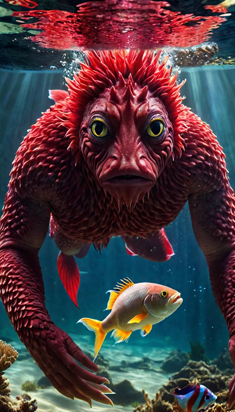 Panorama，A red creature with a human face and a fish body under the water（best quality，4K，8K，High level，masterpiece：1.2），Ultra Detailed，（lifelike，Photo real，Photo real：1.37），Highly detailed animals，Complex patterns，Realistic lighting，Fantasy Creatures