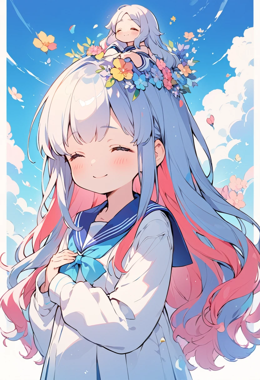BREAK Perfect Anatomy,(High resolution:1.2),Incredible illustrations(Cute illustrations:1.2)(Beautiful background,blue sky、Colorful flowers)1gial((multicolored hair,wavy long hair)closed eyes,light smile (sailor uniform),(a girl, , height 1.5meters, 40kg),,17-year-old,flat chest)A pensive girl with her hands on her chest