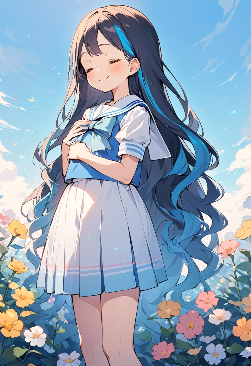 BREAK Perfect Anatomy,(High resolution:1.2),Incredible illustrations(Cute illustrations:1.2)(Beautiful background,blue sky、Colorful flowers)1gial((multicolored hair,wavy long hair)closed eyes,light smile (sailor uniform),(a girl, , height 1.5meters, 40kg),,-yeld,flchest)A pensive girl with her hands on her chest