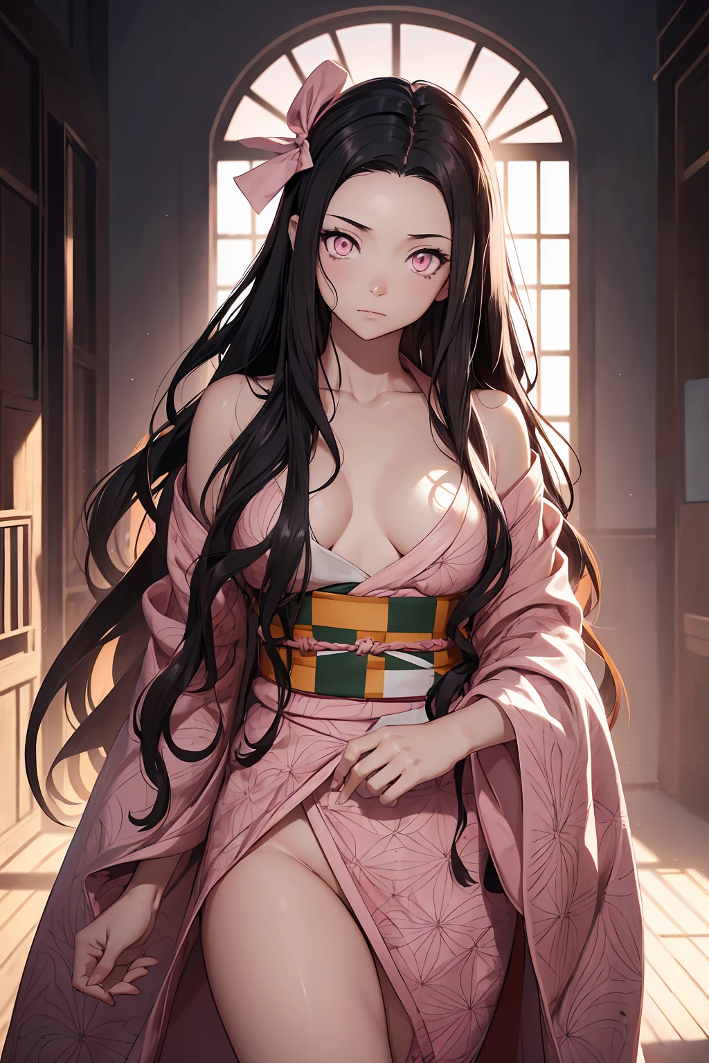 NSFW ((topless))++　Completely naked　　 Nezuko Kamado, Black Hair, (amount:1.5), Hair Ribbon, Long Hair, Multicolored Hair, (Pink Eyes:1.5), Orange Hair, Elongated pupils, Wavy Hair, Two-tone hair, break asa no ha (pattern), checkered sash, Haori, kimono, kimono, Long sleeve, heart, pink kimono, sash, wariza, Wide sleeves, break looking at viewer, break indoors, break (masterpiece:1.2), Highest quality, High resolution, unity 8k wallpaper, (shape:0.8), (Beautiful attention to detail:1.6), Highly detailed face, Perfect lighting, Extremely detailed CG, (Perfect hands, Perfect Anatomy),(nsfw:1.0), Spread your legs, seat, Elevate your legs, nude, (Pussy Focus:1.0) Sweat, Shiny skin, Heavy breathing, ( Sex, sexual intercourse, Insert, Hetero, Motion Lines, Motion Blur, Talking Spirit:1.1), (Lying, Lying on your back, bed,Subjective:1.1)blush　depressed　Face distorted by pleasure　Resisting Pleasure　Blushing cheeks　wet Nipples licked　Overflowing body fluids　Spurting body fluids　((Lean back)) (((Ecstasy)))++　((cum on body / bukkake projectile cum excessive cum))