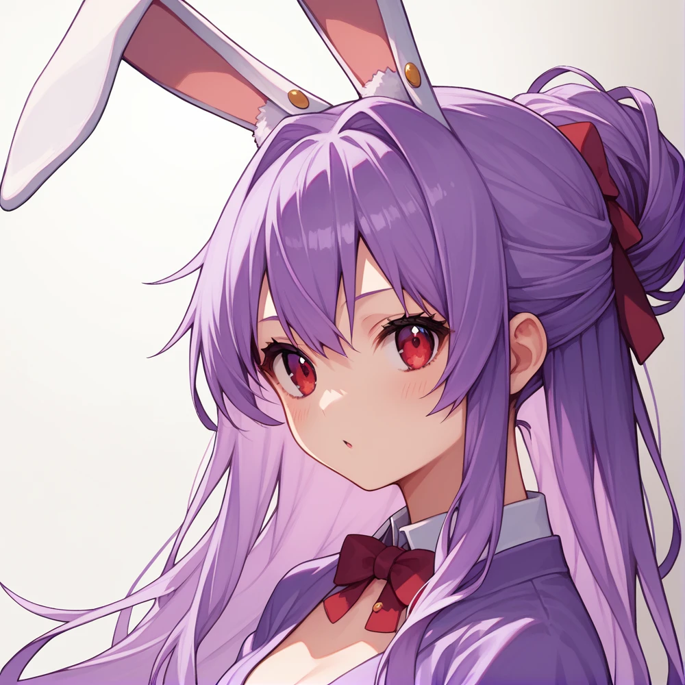 score_9, score_8_up, score_8, score_9, 1 girl,  source_anime,  reisen udongein inaba, purple hair, red eyes, rabbit ears, rabbit girl, portrait, updo hairstyle, violet kimono, no tie