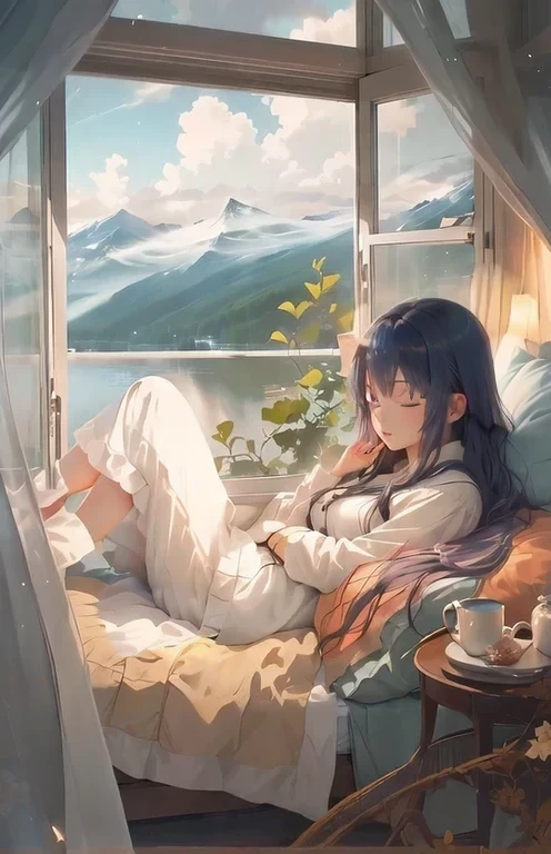 Anime girl lying on the bed,Enjoy mountain views, artwork in the style of Gu Weiss, Anime beautiful peaceful scene, Beautiful anime scene, Relaxation concept art, Beautiful anime, Gu Weiss, Anime Aesthetics, Anime Aesthetics, Night Core, ( ( Shinkai Makoto ) ), Anime Background, Beautiful anime girl, relaxing environment, Anime style 4kAnime girl lying on the bed,With eyes closed,Eyes closed,Close your eyes and rest