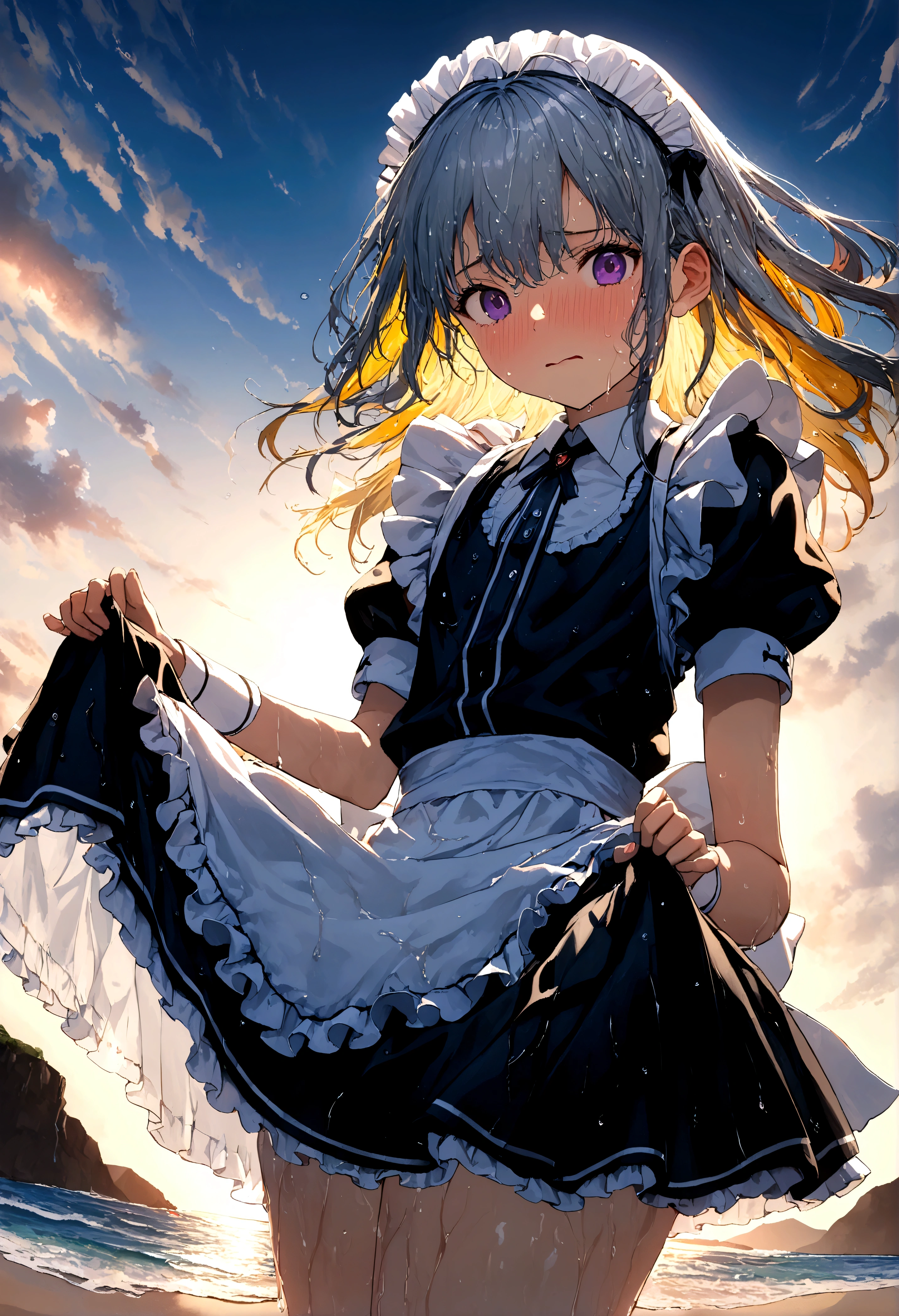 ((32k)), ((best quality)), ((ultra high res)), ((HDR)), ((UHD)), ((extremely detailed CG)), ((unity 32k wallpaper)), (((14 years old))), ((multicolored hair)), purple eyes, (((White competitive swimsuit))), (beach background), ((((embarrassed)))), (((wet body))), (((wet hair))), ((peer in from below)), (((cowboy shot))), (((maid))), (((Maid clothes))), (((maid apron))),