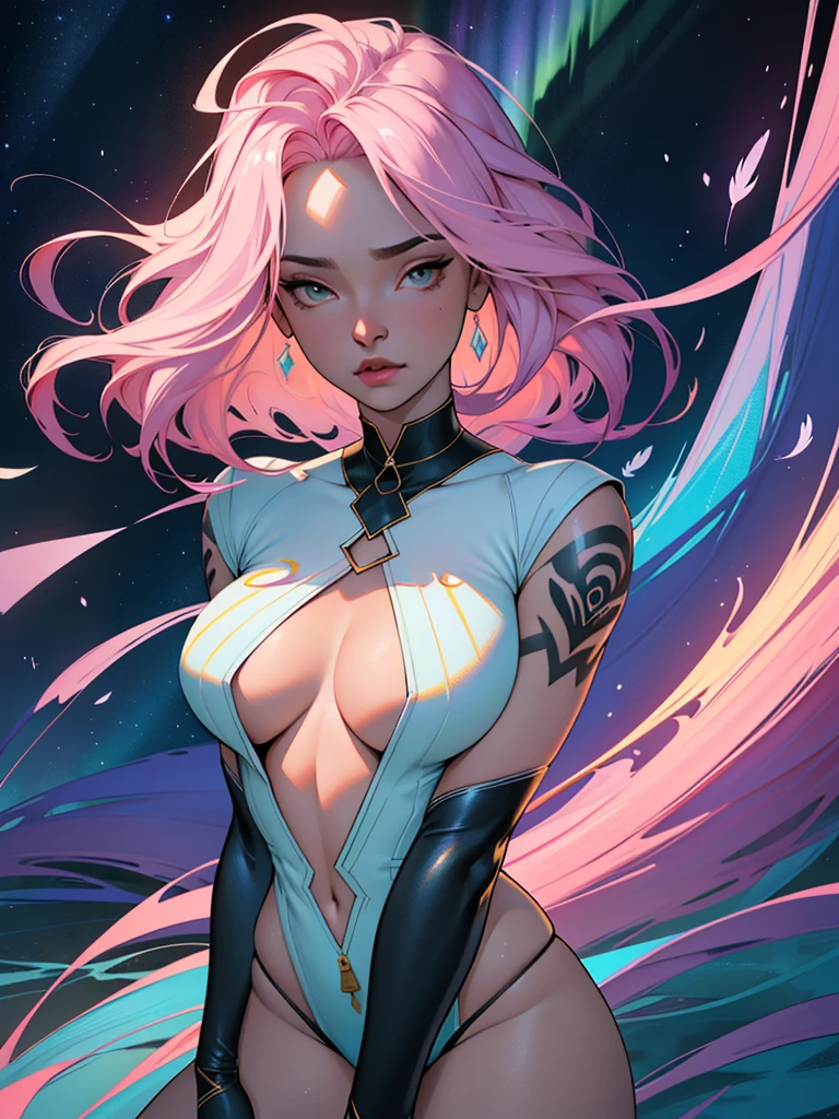 Open shirt, A stunning illustration ((Patrick Nagel Style)), A girl with pink hair, with blue cyberpunk outfit, in a colorful meadow, at night, flat colours, no shadows, Full Nude, Vagina, hairy Pussy