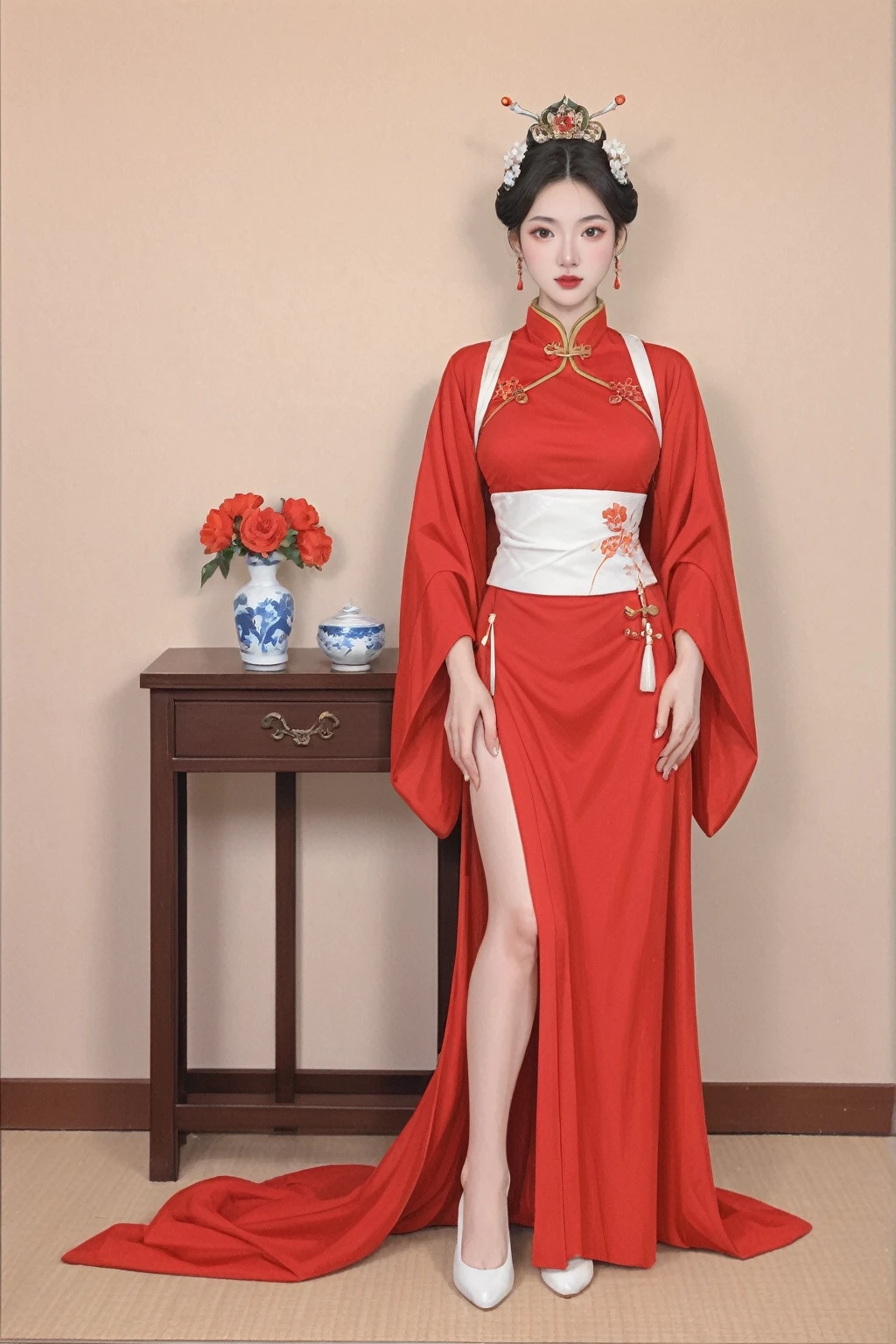 In a captivating scene, a woman stands as a beautiful fantasy queen, wearing a red dress that exudes elegance and power. Her close-up reveals red flowers in her hair, adding a touch of natural beauty to her regal appearance. This portrayal is inspired by the artistic styles of Lan Ying and Qiu Ying, known for their mastery in traditional Chinese painting.
The full-body xianxia (fantasy) depiction of the queen is reminiscent of the works of Zhu Lian, a renowned figure in Chinese art history. She is the Queen of China, her presence commanding and majestic, evoking the grandeur of a palace.
Surrounding her is a girl wearing Hanfu, a traditional Chinese garment, inspired by the works of Huang Ji and Wang Meng, both prominent figures in Chinese painting. This scene combines elements of historical and fantasy art, creating a visual narrative that is both culturally rich and aesthetically pleasing. The queen, at the center of this scene, is a symbol of beauty, power, and the rich cultural heritage of China.
