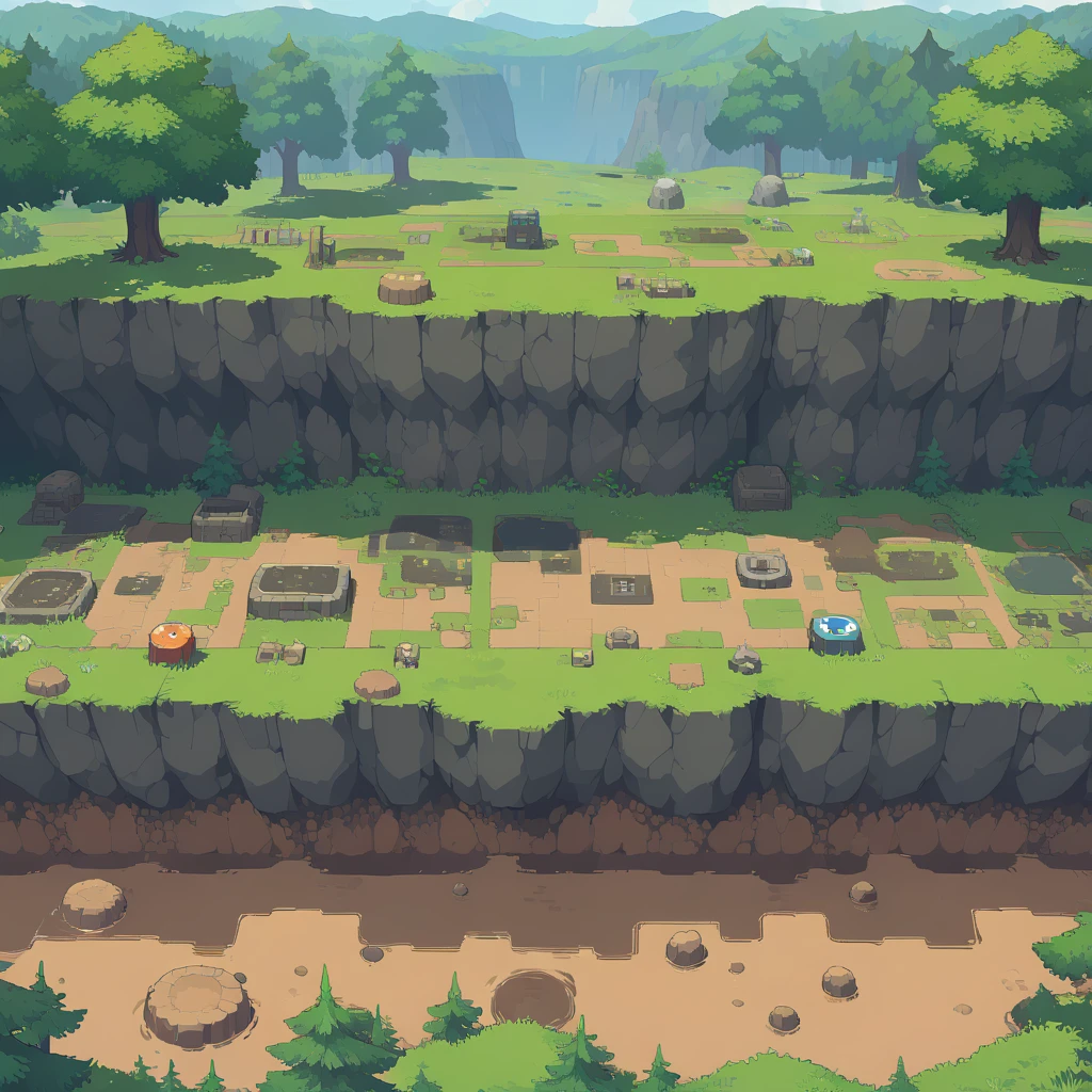 retro video game style,pixelated pastel colors,8-bit characters,blocky shapes,sharp lines,detailed shading,classic gaming vibe,nostalgic atmosphere,classic arcade games,masterpiece:1.2,ultra-detailed,illustration style, 2d texture, stone texture, 4 k seamless mud texture, video game texture, dirt texture, tileset, game tiles, grass, 3/4th perspective trees, tileable cliff formations, tileable cliff texture, 3/4th perspective forest, topdown view, game texture, game art, dirt, , tileable texture, top down view, 3/4th perspective