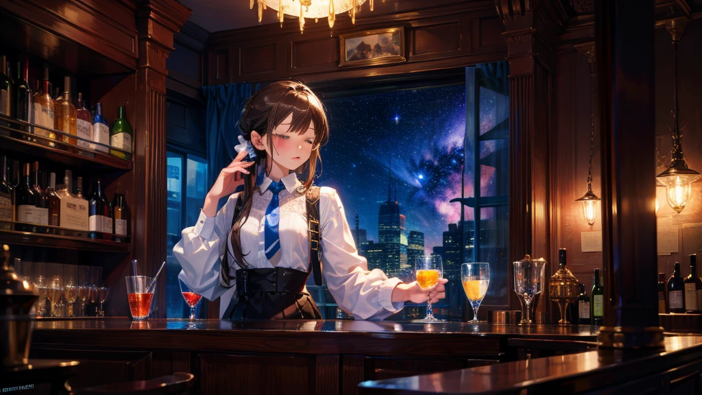 masterpiece, best quality, high quality, detailed, ultra detailed, hyper detailed, insanely detailed, exquisite, beautiful, FHD, Full-HD, 4K, 8K, 16K, highres, absurdres, bar, 1woman, intelligent, eyes closed, smile,brown hair, long hair tied back, slim, bartender, piercing, in the bar,Modern, with a window, with a nebula, with a starry sky, at night, beautiful