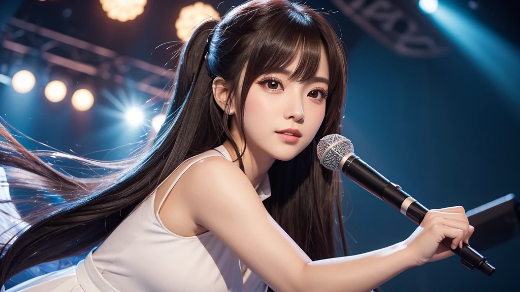 16K, 8k upscale, photorealistic, ultra detailed, best quality, masterpiece, perfect anatomy, lora:yaeSarahMultiverseSoulRays_v2:1,
a stunningly beautiful female announcer with long silky hair, holding a microphone, wearing an elegant dress that hugs her perfect figure, standing in a professional studio with stage lights illuminating her, looking directly at the camera with a warm and welcoming expression, style inspired by Sarah Essen Hosking and Yae Miko from Genshin Impact