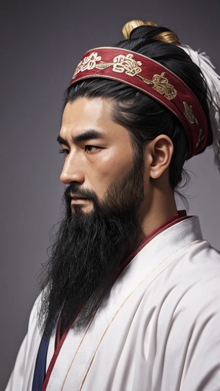 Oriental、Man in simple ancient Chinese costume、ancient chinese hairstyle male、Highest quality、masterpiece、Ultra-high resolution、(Realistic:1.4)、Game Poster、Crisp and beautiful image quality,Embroidered cloth wrapped around a topknot、Feather fan、