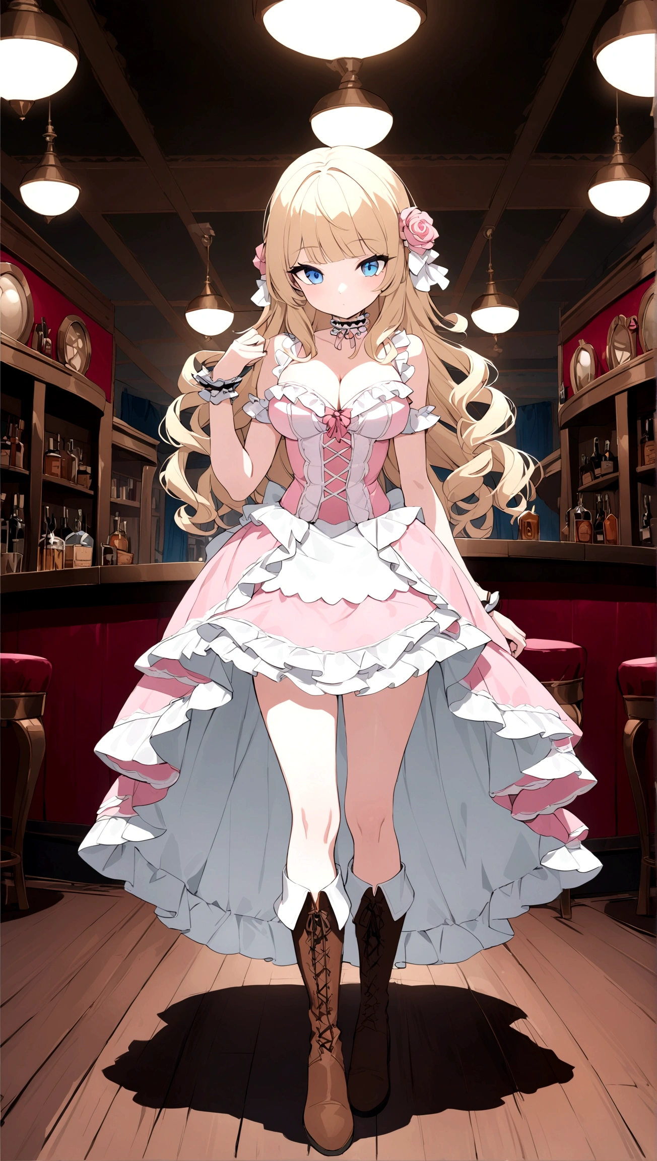 Curls,blonde hair,blue eyes,long eyelashes,long hair,fringe bangs,sidecurls,fullbody,standing,masterpiece,highress,frilly intricate pink saloon girl dress,knee length skirt,white accents,pink corset,lace up heeled knee high boots,stockings,saloon,short at the front center of the skirt,frilly sleeveles saloon girl dress with sweatheart frilled neckline,kneelength dress,frilled hemline,cowboy boots+,wild west,western,lace choker with big pink rose at the side,white frilled hem hemline,fullbody+,panier,standing straight,solo,